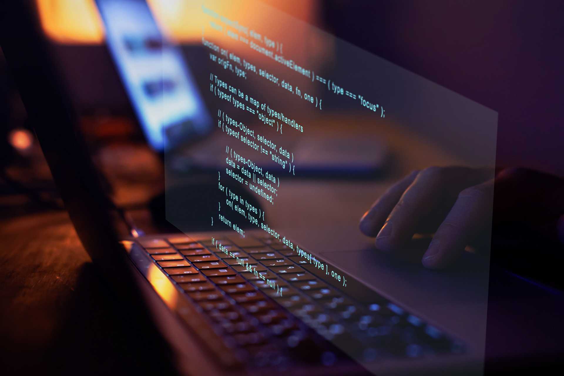 Programming code writing, software coding developing, hands typing computer script..