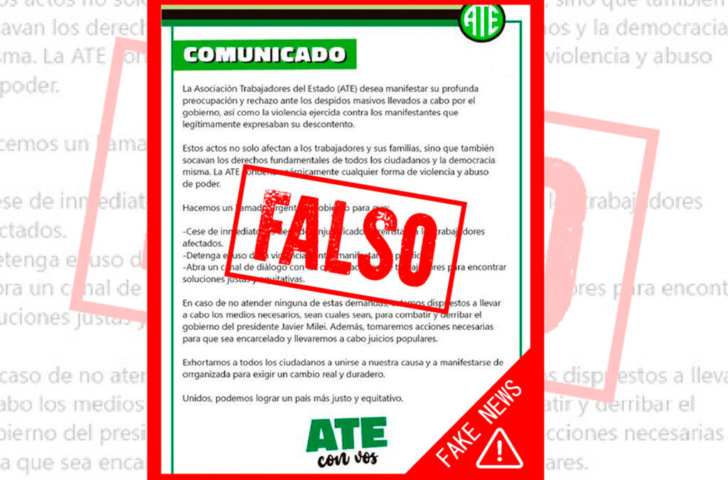 ATE fue acusado de golpista por una imagen apócrifa que circuló en redes con su membrete y aclaró: «Este supuesto comunicado es falso»