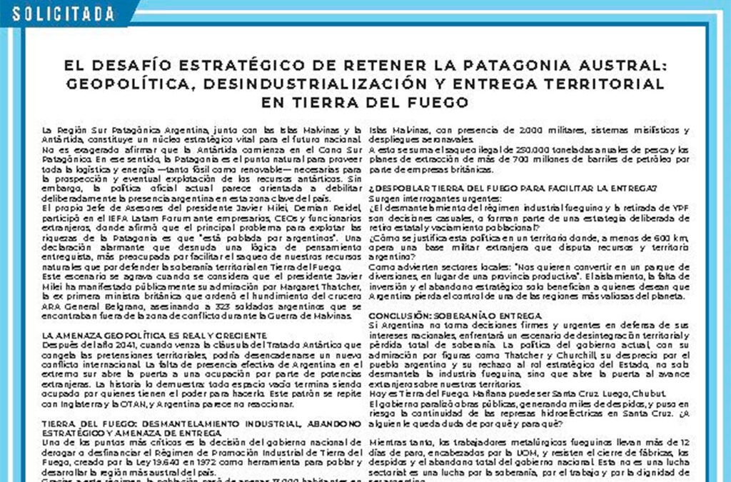 El desafío estratégico de retener la Patagonia Austral: Geopolítica, desindustrialización y entrega territorial en Tierra del Fuego